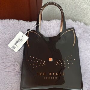 Ted Baker Black Gloss Tote with Rose Gold Cat Accents